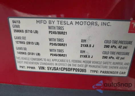 2013 Tesla Model S Performance from USA, damaged, VIN 5YJSA1CP6DFP09365